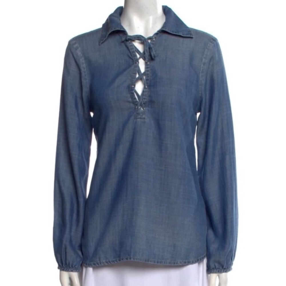 FRAME Chambray Denim Lace-Up Lightweight Long Sleeve Blouse